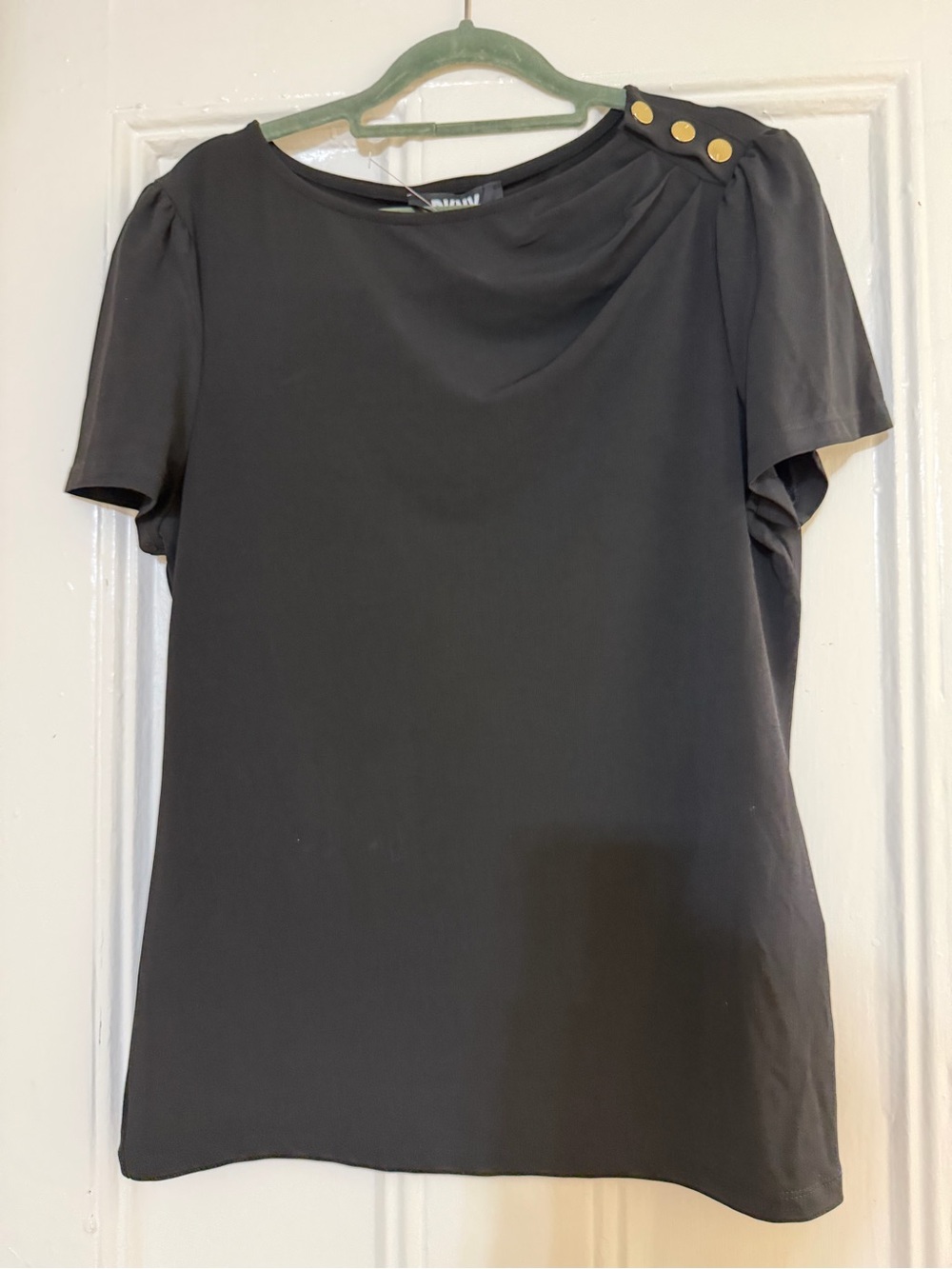 DKNY Black Short-Sleeve Button-Shoulder Women's Top